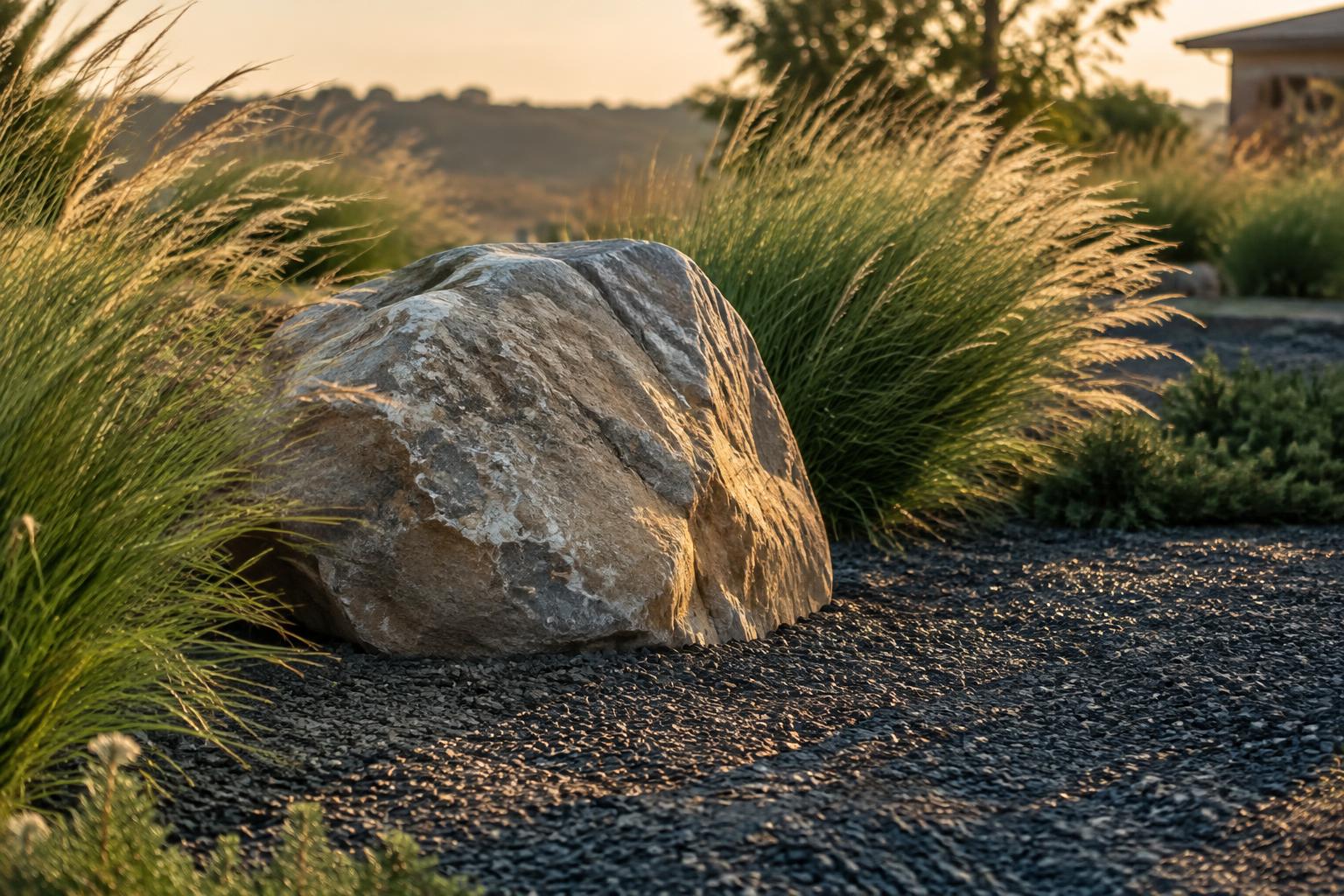 A large grey boulder set into dark gravel with ornamental grasses either side
