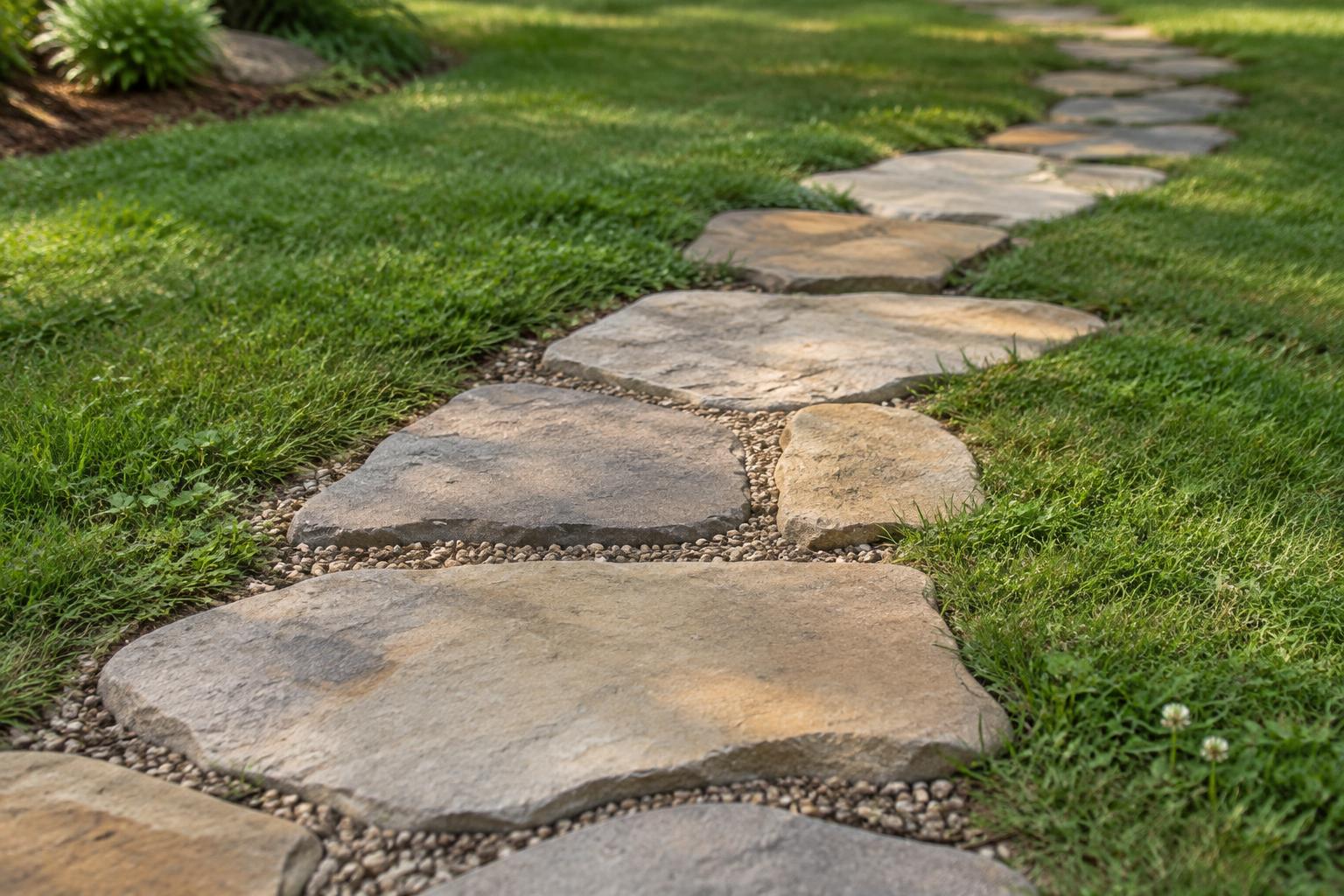 Irregular flagstone stepping stones set into a green lawn with gravel in the joints