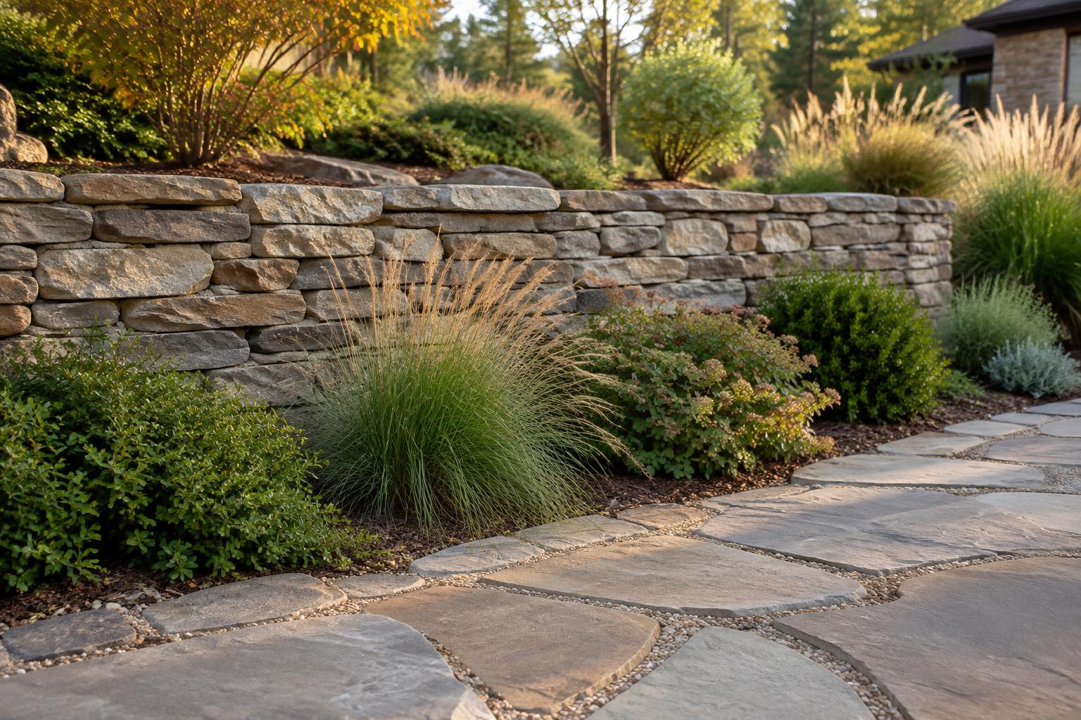 A flagstone path in gravel below a low stacked-stone retaining wall holding grasses and shrubs