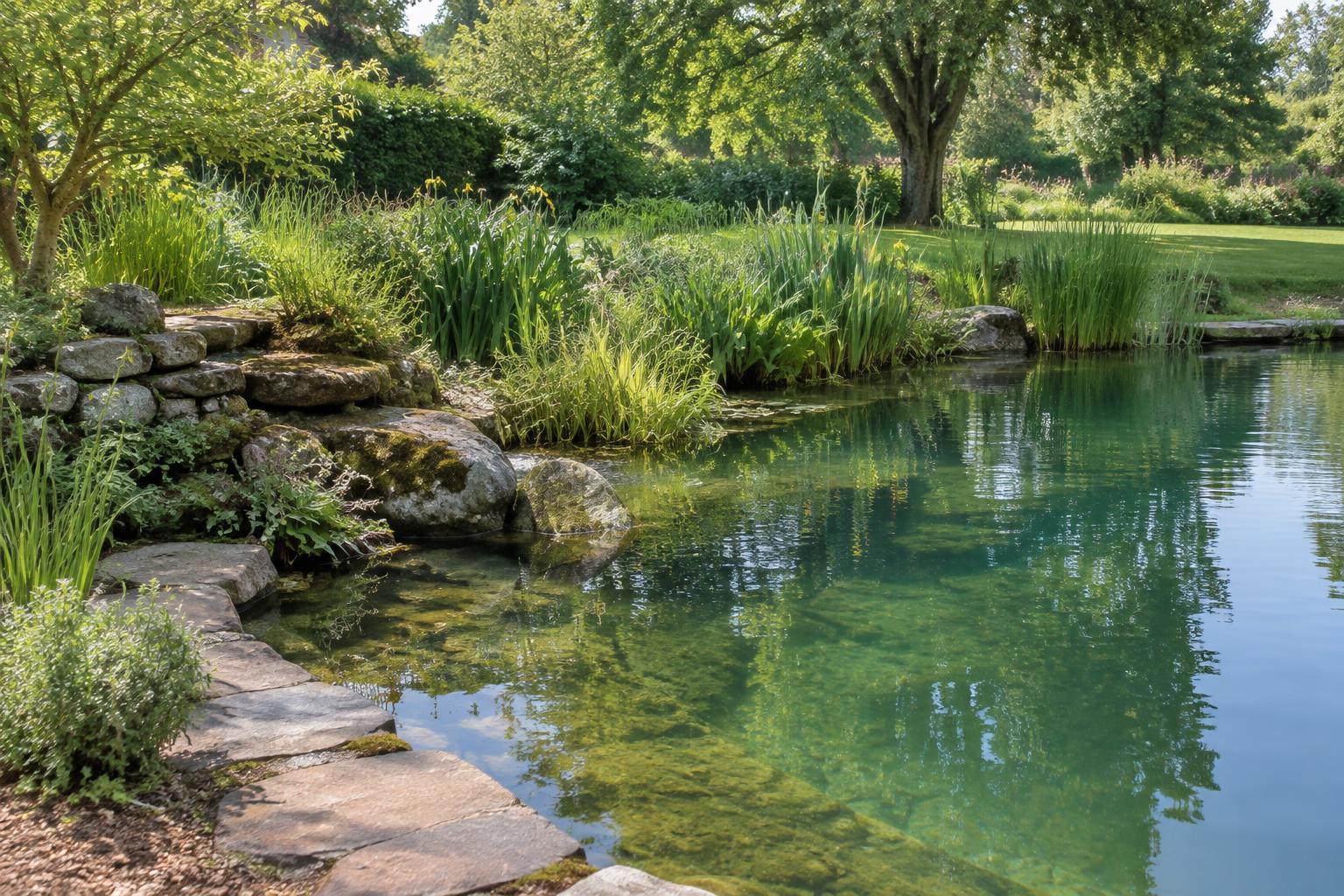 A natural swimming pool in a garden, edged in flat stone with boulders and reeds at the waterline