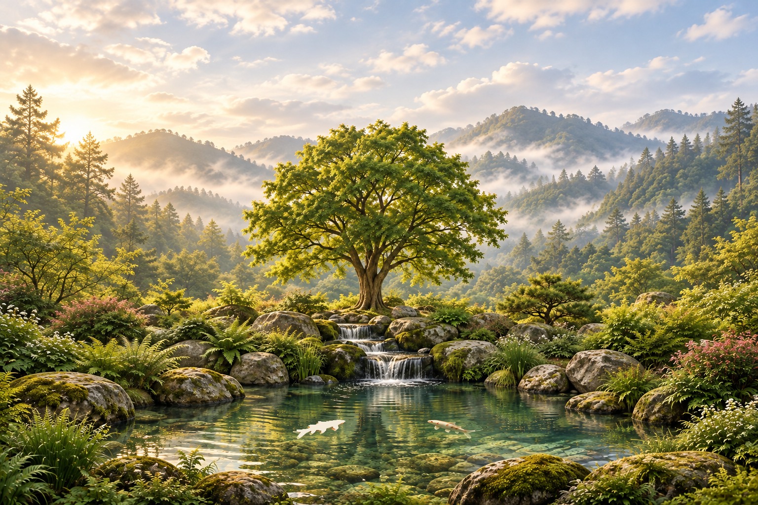 A broad-canopied tree standing over a small stone water garden, a narrow stream running from its foot and falling over mossy rocks into a clear pond with koi
